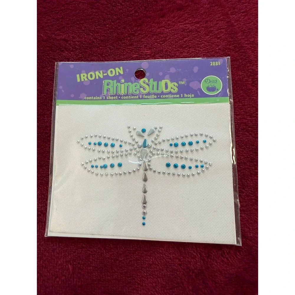 Dritz Iron-On RhineStuds Dragonfly Applique Blue Silver Heat Transfer 2881 NEW